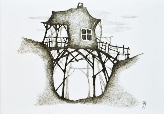 Originální kresba s motivem domku u lesa