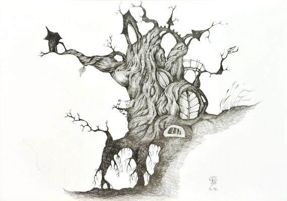 Originální kresba s motivem stromu či domu havranů