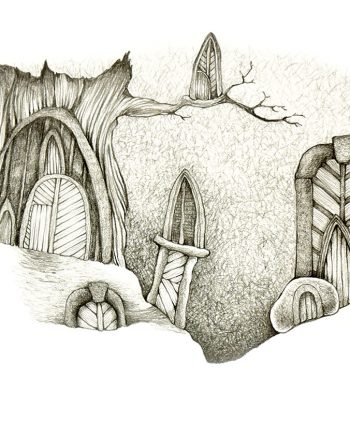 Originální kresba s motivem tajemných dveří, vrat a bran