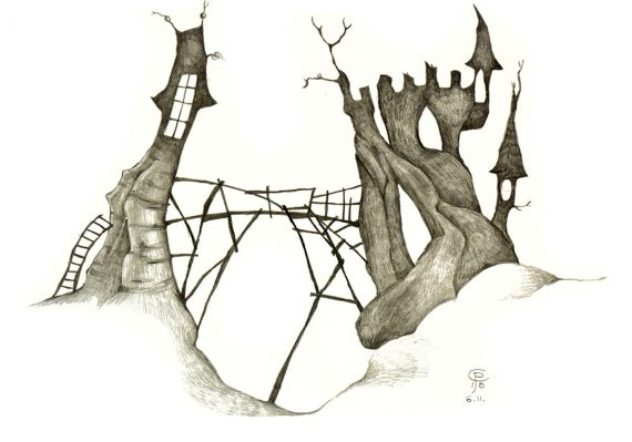 Originální kresba s motivem dvou strašidelných hradů spojených mostem