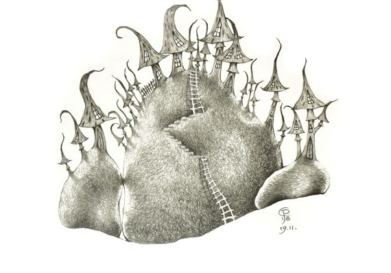Originální kresba s motivem domečků připomínající trpaslíky
